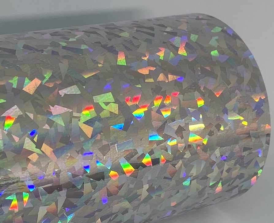 Chrome finish vinyl roll featuring a holographic design with vibrant rainbow patterns