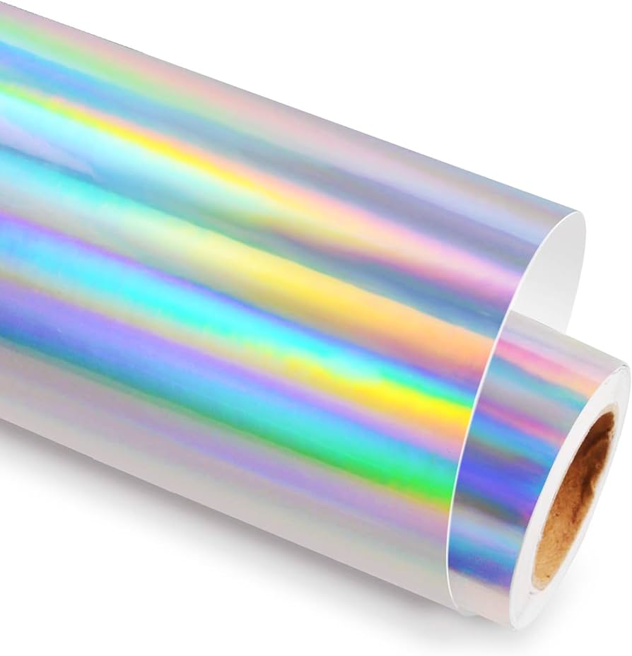 Holographic vinyl roll showcasing colorful, iridescent patterns for crafting and decoration projects