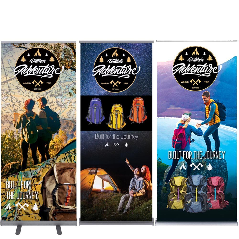 Collection of display banners showcasing vibrant designs and blockout vinyl for banners for sign printing shops