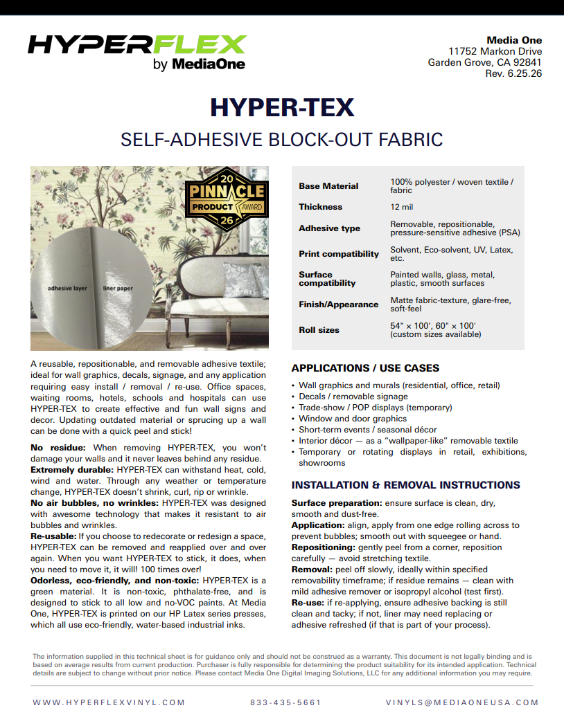 HYPER-TEX Opaque, Self-Adhesive Repositionable Fabric